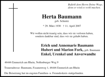 Traueranzeige von Herta Baumann von Tageszeitung