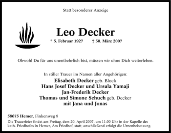 Traueranzeige von Leo Decker von Tageszeitung