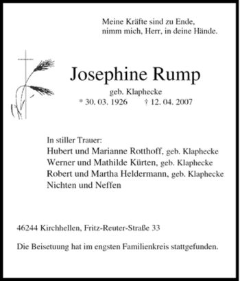 Traueranzeige von Josephine Rump von Tageszeitung