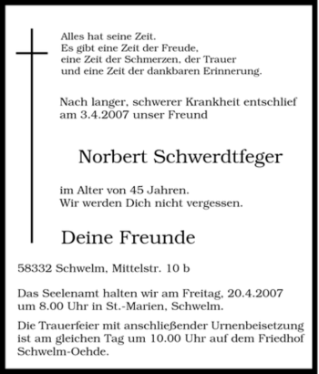 Traueranzeige von Norbert Schwerdtfeger von Tageszeitung