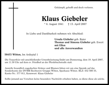 Traueranzeige von Klaus Giebeler von Tageszeitung