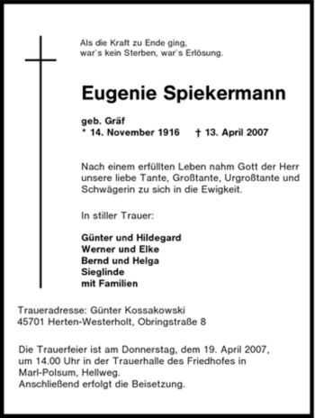 Traueranzeige von Eugenie Spiekermann von Tageszeitung