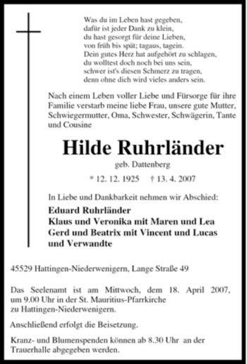 Traueranzeige von Hilde Ruhrländer von Tageszeitung