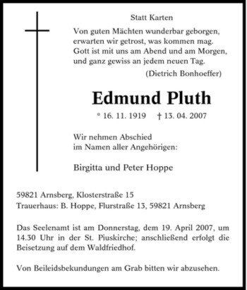 Traueranzeige von Edmund Pluth von Tageszeitung