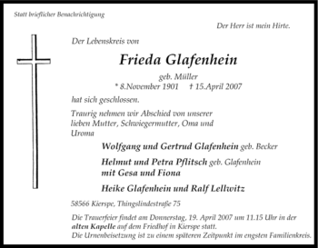 Traueranzeige von Frieda Glafenhein von Tageszeitung