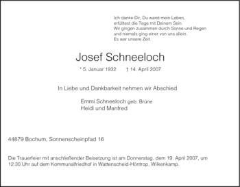Traueranzeige von Josef Schneeloch von Tageszeitung
