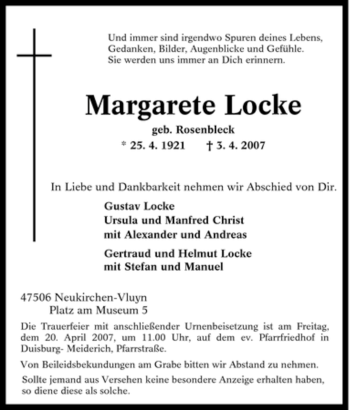 Traueranzeige von Margarete Locke von Tageszeitung