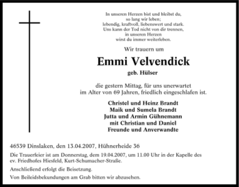 Traueranzeige von Emmi Velvendick von Tageszeitung