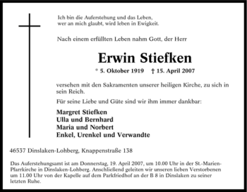 Traueranzeige von Erwin Stiefken von Tageszeitung