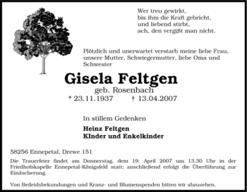Traueranzeige von Gisela Feltgen von Tageszeitung