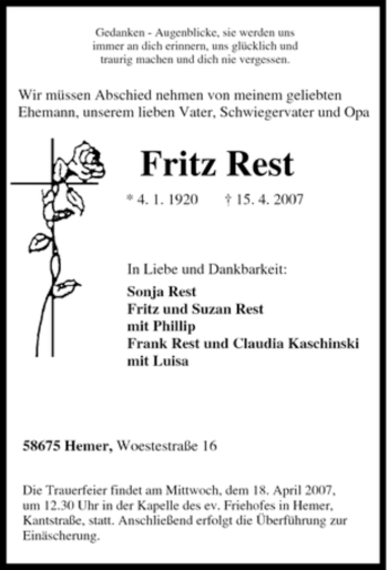 Traueranzeige von Fritz Rest von Tageszeitung