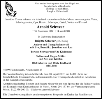 Traueranzeige von Arnold Schweer von Tageszeitung