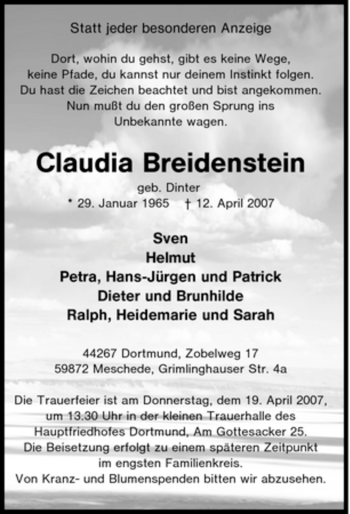 Traueranzeige von Claudia Breidenstein von Tageszeitung