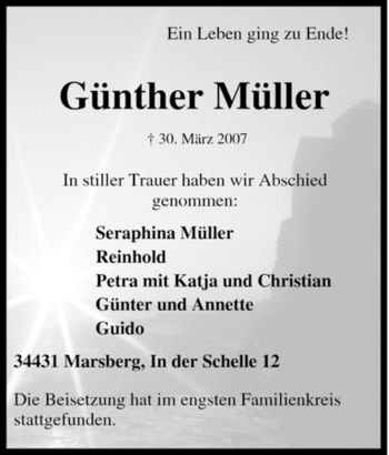 Traueranzeige von Günther Müller von Tageszeitung