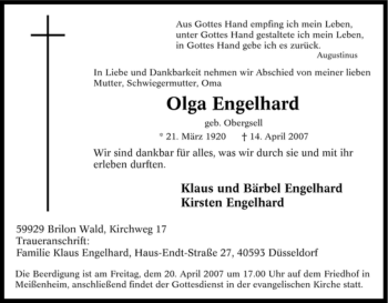 Traueranzeige von Olga Engelhard von Tageszeitung