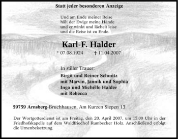 Traueranzeige von Karl-F. Halder von Tageszeitung
