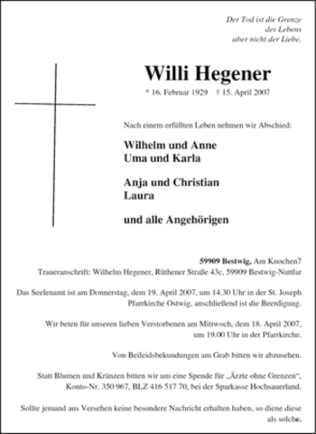 Traueranzeige von Willi Hegener von Tageszeitung