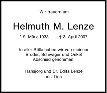 Traueranzeige von Helmuth M. Lenze von Tageszeitung