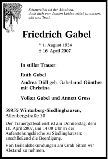 Traueranzeige von Friedrich Gabel von Tageszeitung