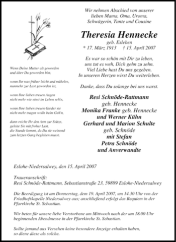 Traueranzeige von Theresia Hennecke von Tageszeitung