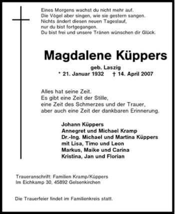 Traueranzeige von Magdalene Küppers von Tageszeitung