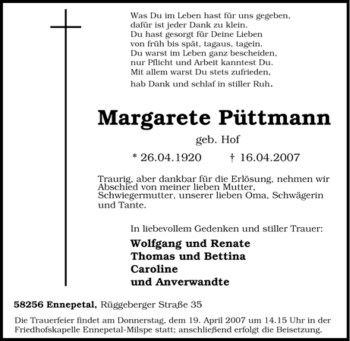 Traueranzeige von Margarete Püttmann von Tageszeitung