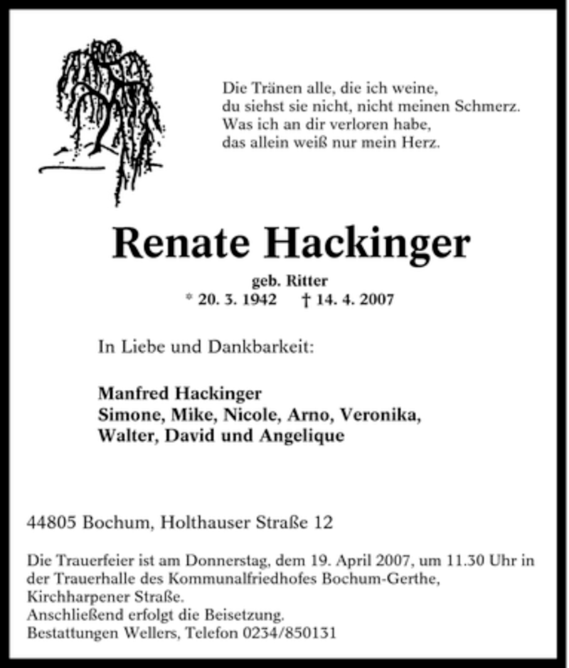 Traueranzeigen von Renate Hackinger TrauerinNRW.de