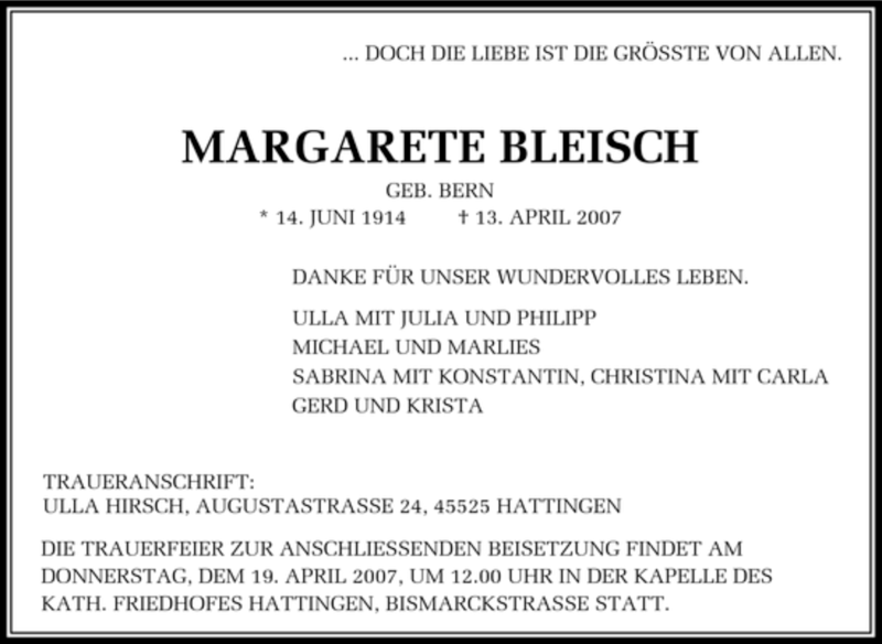  Traueranzeige für Margarete Bleisch vom 17.04.2007 aus Tageszeitung