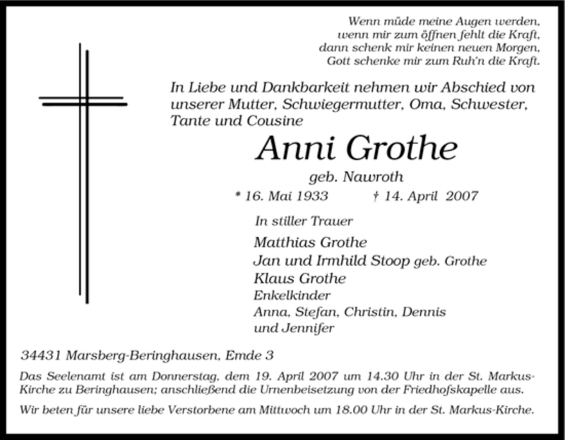  Traueranzeige für Anni Grothe vom 17.04.2007 aus Tageszeitung