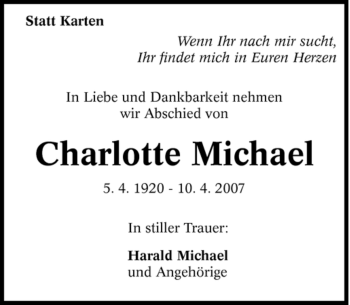 Traueranzeige von Charlotte Michael von Tageszeitung