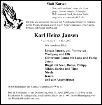 Traueranzeige von Karl Heinz Jansen von Tageszeitung