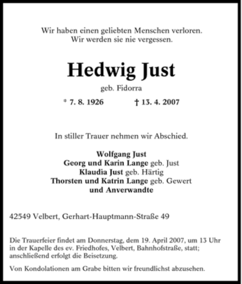 Traueranzeige von Hedwig Just von Tageszeitung