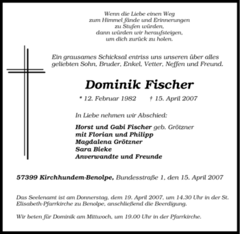 Traueranzeige von Dominik Fischer von Tageszeitung