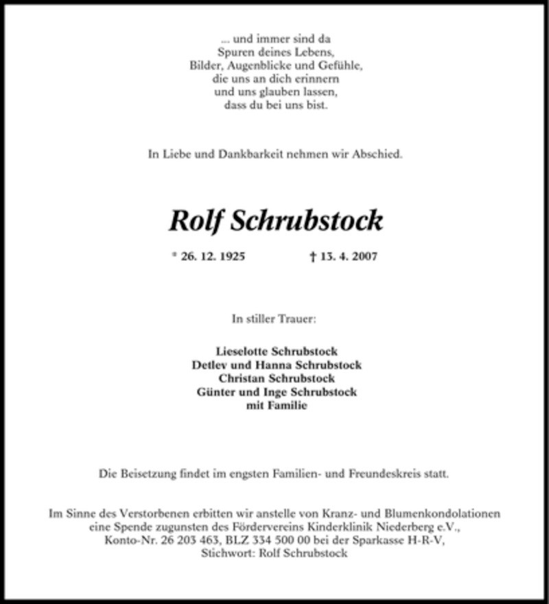  Traueranzeige für Rolf Schrubstock vom 17.04.2007 aus Tageszeitung
