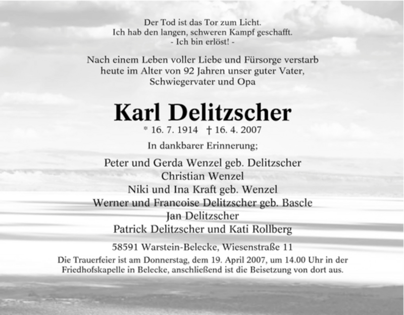 Traueranzeige für Karl Delitzscher vom 17.04.2007 aus Tageszeitung