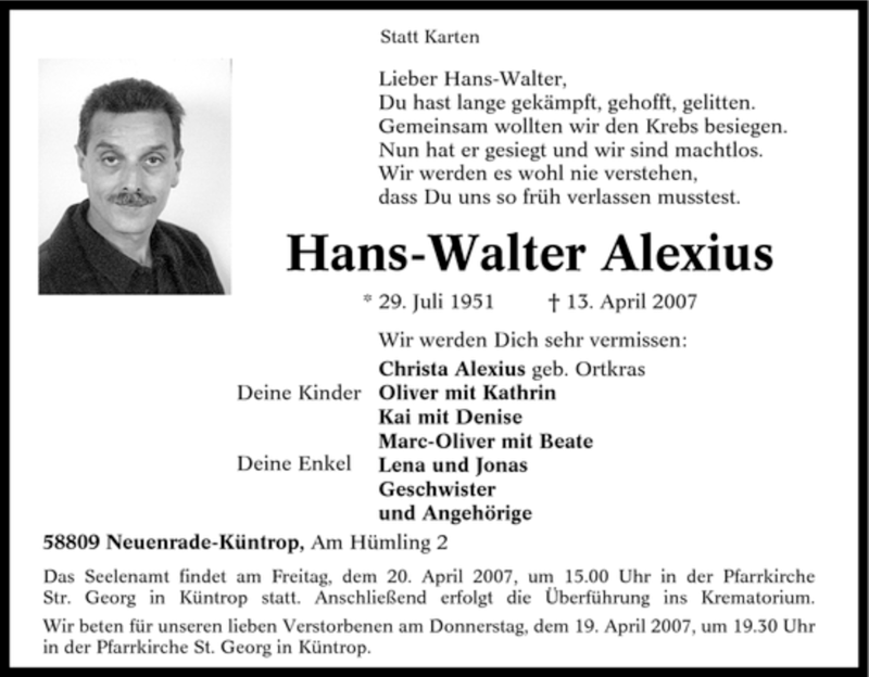  Traueranzeige für Hans-Walter Alexius vom 17.04.2007 aus Tageszeitung