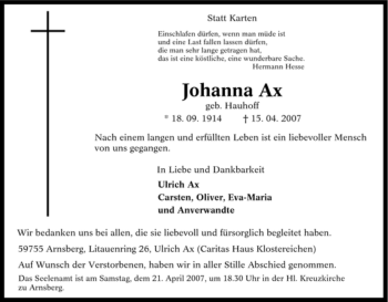 Traueranzeige von Johanna Ax von Tageszeitung