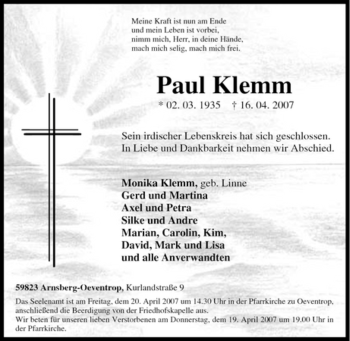 Traueranzeige von Paul Klemm von Tageszeitung