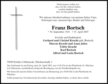 Traueranzeige von Franz Bortsch von Tageszeitung