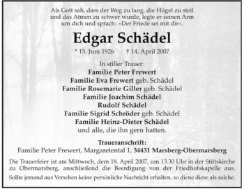 Traueranzeige von Edgar Schädel von Tageszeitung