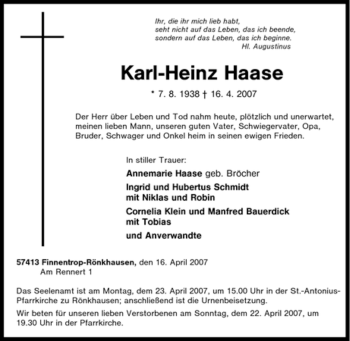 Traueranzeige von Karl-Heinz Haase von Tageszeitung
