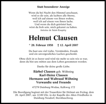 Traueranzeige von Helmut Clausen von Tageszeitung
