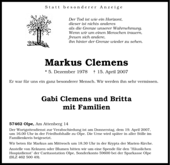 Traueranzeige von Markus Clemens von Tageszeitung