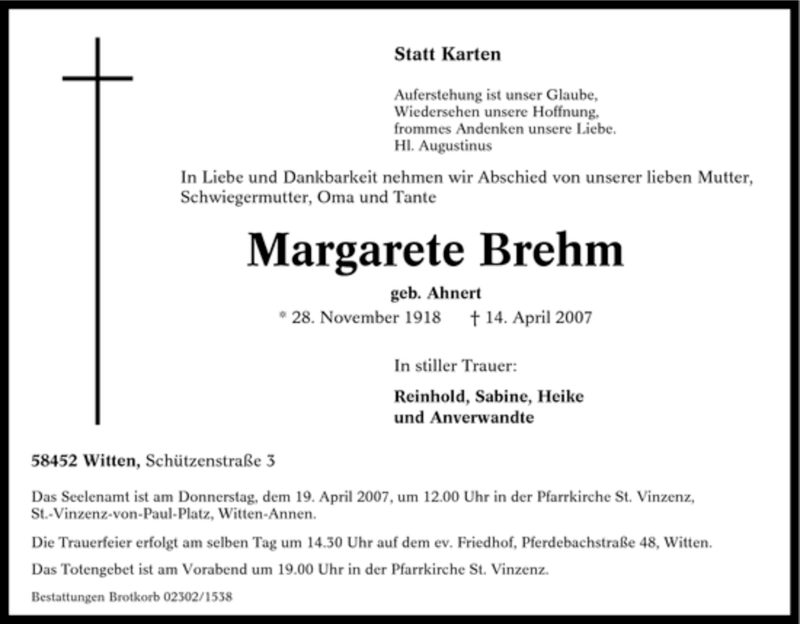  Traueranzeige für Margarete Brehm vom 17.04.2007 aus Tageszeitung