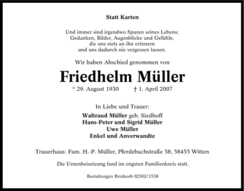 Traueranzeige von Friedhelm Müller von Tageszeitung