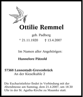 Traueranzeige von Ottilie Remmel von Tageszeitung