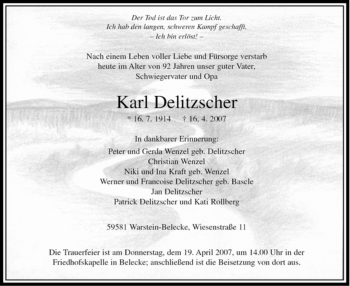 Traueranzeige von Karl Delitzscher von Tageszeitung
