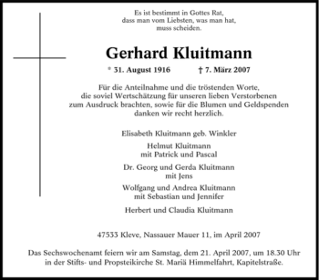 Traueranzeige von Gerhard Kluitmann von Tageszeitung