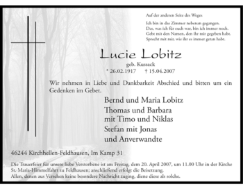 Traueranzeige von Lucie Lobitz von Tageszeitung