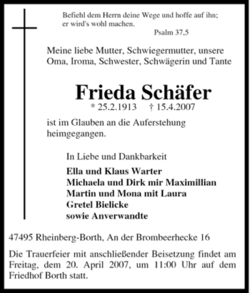 Traueranzeige von Frieda Schäfer von Tageszeitung